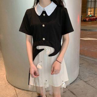Swan Embroidered Mesh Panel Collared Dress