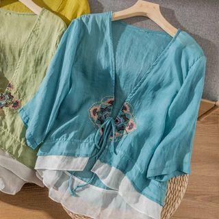 3/4-sleeve Embroidered Tie-front Light Jacket