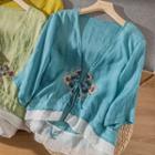 3/4-sleeve Embroidered Tie-front Light Jacket