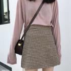 Set: Plain Long-sleeve Knit Top + Plaid A-line Mini Skirt Set Of 2 - Plaid Skirt & Top - Pink - One Size
