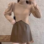 Faux Leather Strappy Top / A-line Skirt / Turtleneck Long-sleeve Top