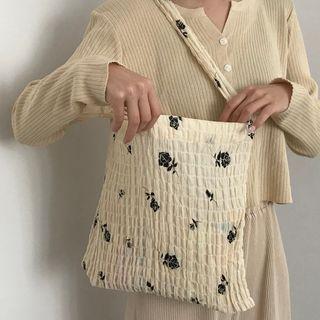 Floral Print Tote Bag Shoulder Bag - Black Floral - Beige - One Size