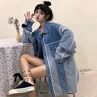 Color Block Long Denim Jacket Dark Blue - One Size