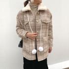 Furry Collar Houndstooth Buttoned Jacket