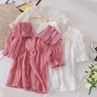 Plain Peter Pan Collar Ruched Short-sleeve Top