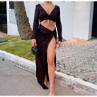 Set: Plain V-neck Long-sleeve Cropped Top + Plain High-waist Side-slit Skirt