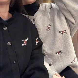 Drop-shoulder Dog Embroidered Cardigan