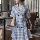 Short-sleeve Double Breasted Plaid A-line Dress