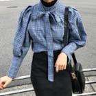Check Bow-accent Puff-sleeve Blouse