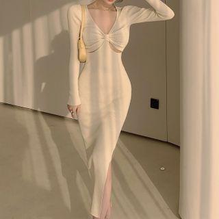 Long-sleeve V-neck Midi Sheath Dress Almond - One Size