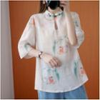 Mandarin Collar Frog-button Printed Elbow-sleeve Blouse Multicolor - One Size