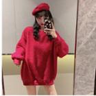 Metallic Silk Medium Long Sweatshirt With Berets - Red - One Size