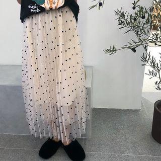 Sheer Overlay Dotted Pleated Midi Skirt