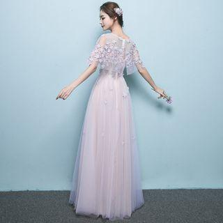 Cap-sleeve Floral Embroidered A-line Mesh Evening Gown
