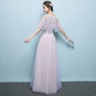 Cap-sleeve Floral Embroidered A-line Mesh Evening Gown