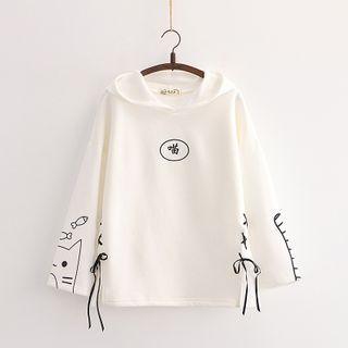 Cat Print Lace-up Oversized Hoodie