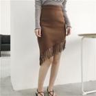 Fringe Hem Asymmetric Knitted Pencil Skirt