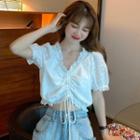 Puff-sleeve V-neck Cut-out Drawstring Blouse White - One Size