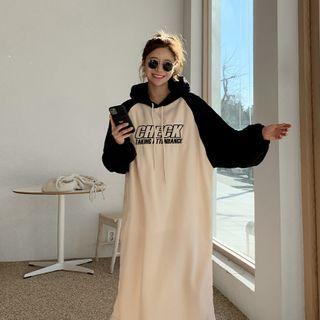 Raglan-sleeve Long Hoodie Dress Black - One Size