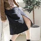Frayed Hem Slit A-line Midi Denim Skirt