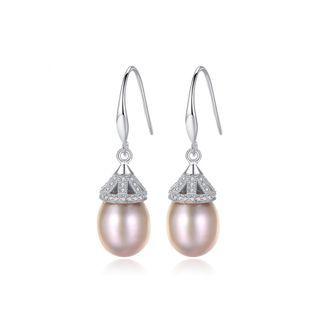 Sterling Silver Fashion And Elegant Water Drop-shaped Pink Freshwater Pearl Earrings With Cubic Zirconia Silver - One Size