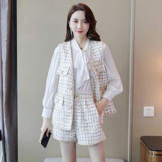 Set: Tweed Vest + Tie Neck Blouse + Shorts