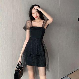 Sleeveless Mesh Overlay Mini A-line Dress