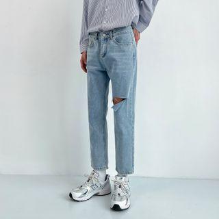 Distressed Washed Straight Leg Cropped Jeans