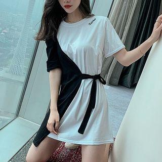 Letter Embroidered Tie-waist Short-sleeve T-shirt Dress