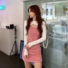 Long-sleeve Cropped T-shirt / Spaghetti Strap Mini Sheath Dress