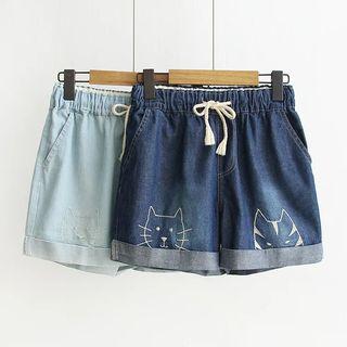 Cat Embroidered Elastic-waist Loose-fit Denim Shorts