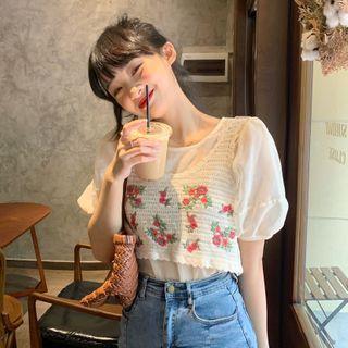See-through Short-sleeve Top / Flower Embroidered Vest