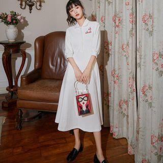Cherry Embroidered Puff-sleeve Midi A-line Dress