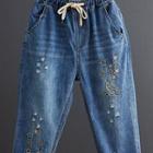 Star Embroidered Distressed Cropped Harem Jeans