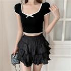 Short-sleeve Bow Contrast Trim Crop Top / Tiered Mini Skirt