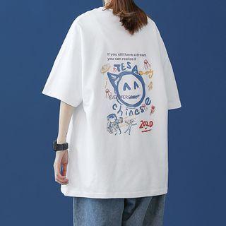 Elbow Sleeve Cartoon Print Oversized Tee