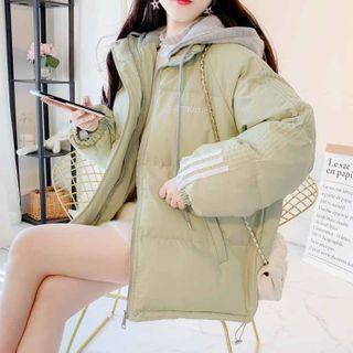 Hooded Oversize Striped Panel Lettering Padded Jacket