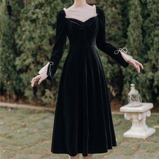 Long-sleeve Mesh Ruffled Midi A-line Dress