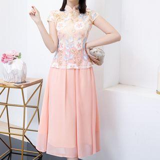 Flower Cap-sleeve Midi A-line Dress