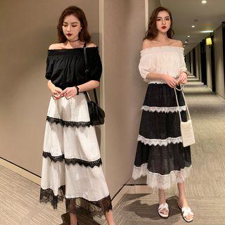 Set: Off-shoulder Puff-sleeve Top + Dotted Lace Embroidered Layered Midi Skirt