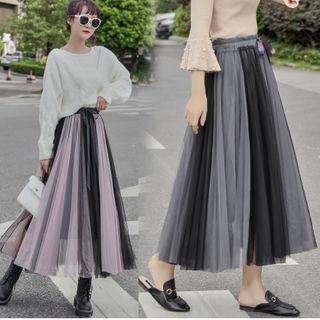 Pleated Mesh Overlay Skirt