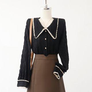 Long-sleeve Lace-trim Blouse / Skirt