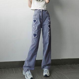 Frayed Heart Patch Washed Boot-cut Jeans