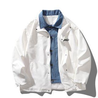 Mock Two-piece Lettering Embroidered Button Jacket