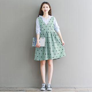 Mock Two-piece Heart Printed Hooded Dress