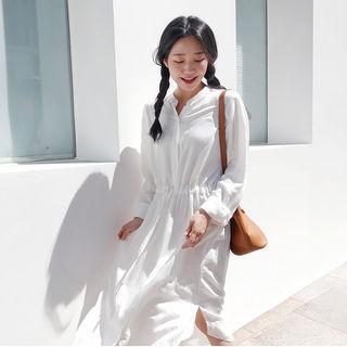 Mandarin-collar Drawstring-waist Maxi Shirtdress