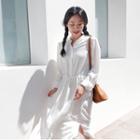 Mandarin-collar Drawstring-waist Maxi Shirtdress