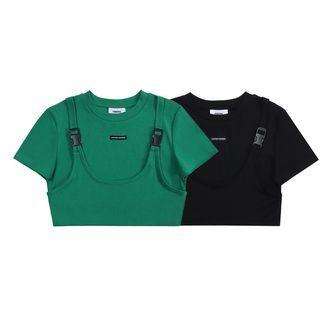 Mock Two-piece Short-sleeve Buckled Crop Top