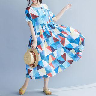 Short-sleeve Patterned Chiffon Midi Tunic Dress Blue - One Size
