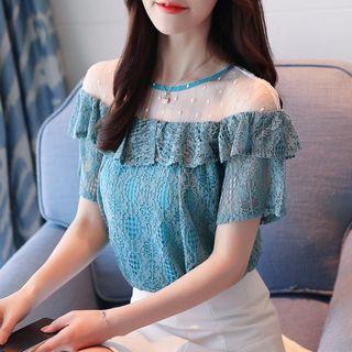 Mesh Yoke Short-sleeve Lace Top
